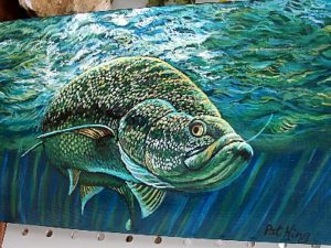 Hand Painted Log Siding Underwater Bass with Minnows Pat King Green Waves