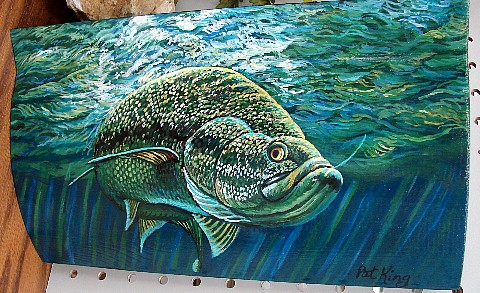 Hand Painted Log Siding Underwater Bass with Minnows Pat King