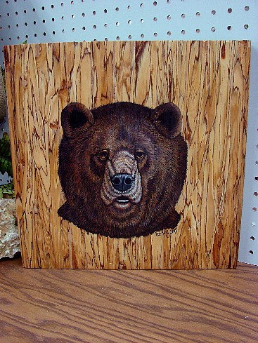 Hand Painted Original Bear Face on Solid Wood Grained Plaque Pat King, Moose-R-Us.Com Log Cabin Decor