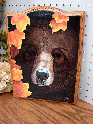 Bear Face Maple Leaves Pat King Original Routered Wood Picture, Moose-R-Us.Com Log Cabin Decor