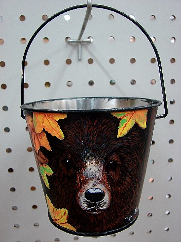Small Bail Handle Bear Face Autumn Leaves Pail Hand Painted Pat King Original, Moose-R-Us.Com Log Cabin Decor