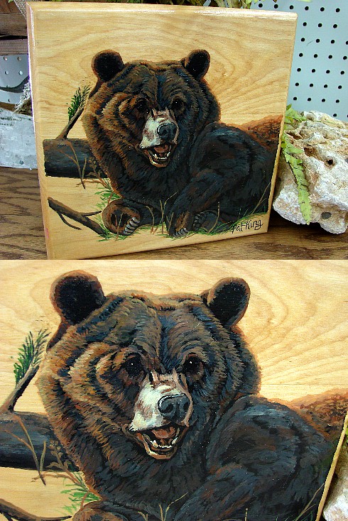 Hand Painted Bear Picture Light Oak Board Pat King, Moose-R-Us.Com Log Cabin Decor