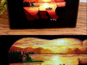 Hand Painted Bear Sunset Silhouette Fishing Cabin Pat King