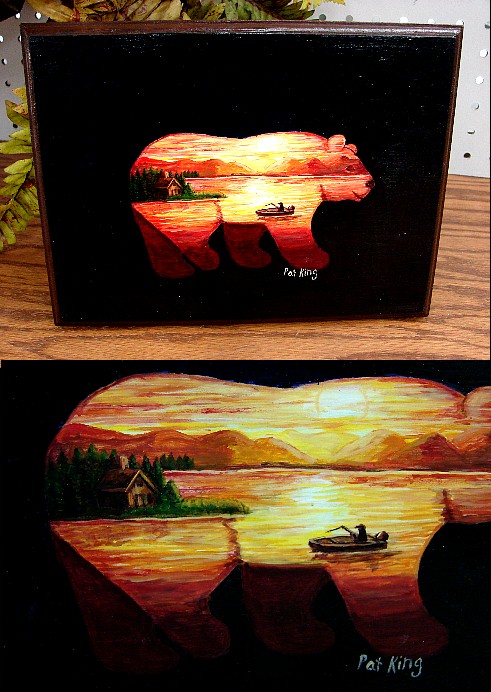 Hand Painted Bear Sunset Silhouette Fishing Cabin Pat King, Moose-R-Us.Com Log Cabin Decor