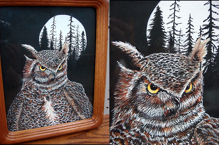 Hand Painted Great Horn Owl Pat King Moon, Moose-R-Us.Com Log Cabin Decor