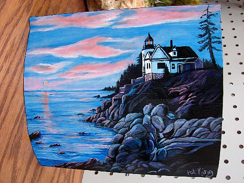 Hand Painted Lighthouse Sunset Scene Original Painting by Pat King, Moose-R-Us.Com Log Cabin Decor