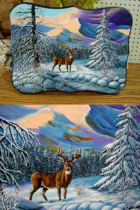 Hand Painted Outdoor Winter Mountain Buck Scene Pat King, Moose-R-Us.Com Log Cabin Decor