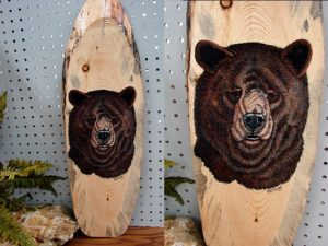 Wood Slab Hand Painted Bear Face Pat King Original Long Slab