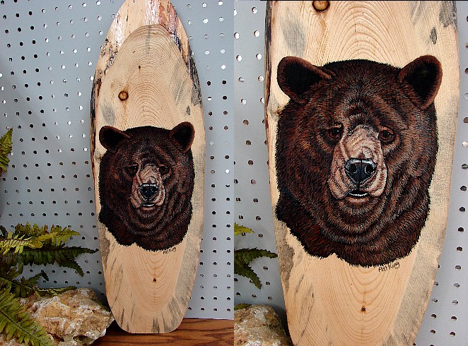 Wood Slab Hand Painted Bear Face Pat King Original Long Slab, Moose-R-Us.Com Log Cabin Decor