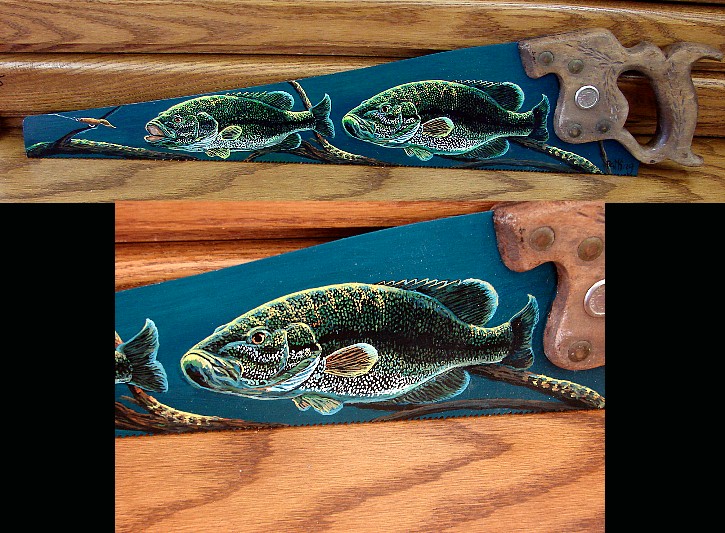 Antique Hand Saw Hand Painted Underwater Muskie Scene Pat King, Moose-R-Us.Com Log Cabin Decor