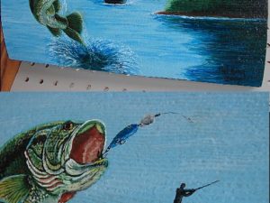 Jumping Bass Hand Painted Fishing Picture on Log Siding Pat King Original