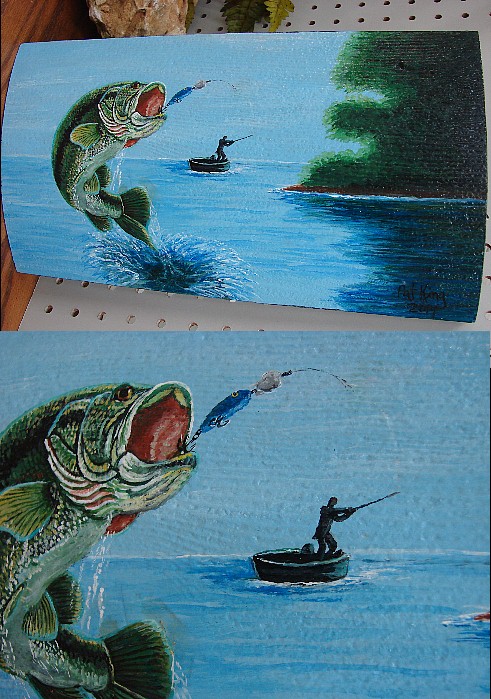 Jumping Bass Hand Painted Fishing Picture on Log Siding Pat King Original, Moose-R-Us.Com Log Cabin Decor