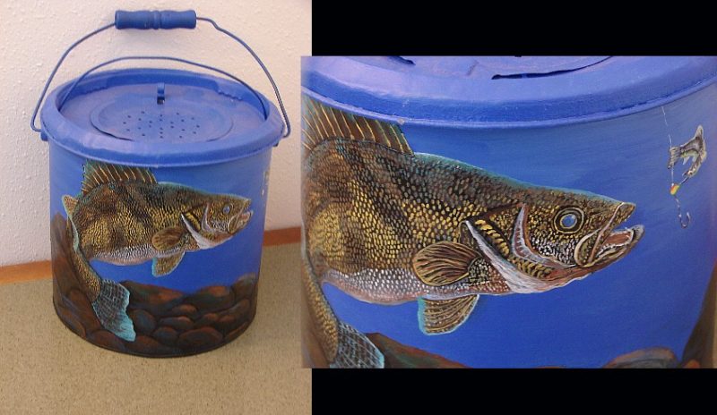 Hand Painted Antique Minnow Bucket Original Painting Walleye Pat King, Moose-R-Us.Com Log Cabin Decor