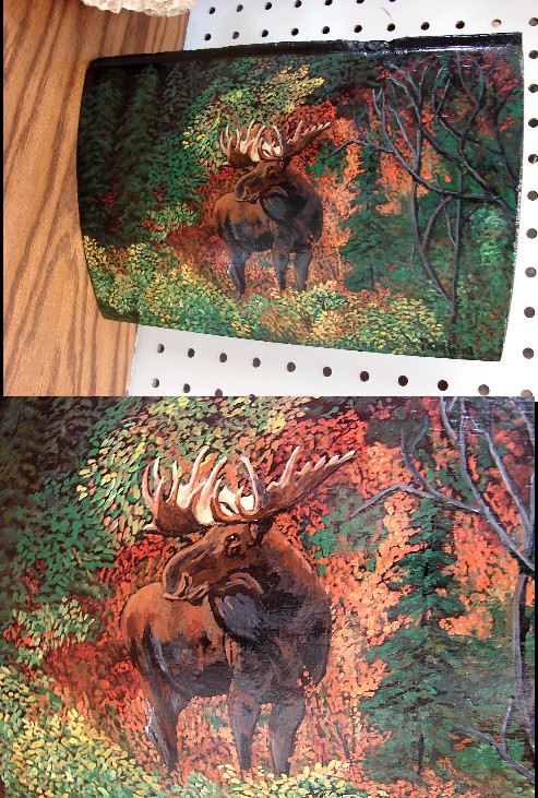 Autumn Moose Forest Scene Hand Painted Log Siding Pat King, Moose-R-Us.Com Log Cabin Decor