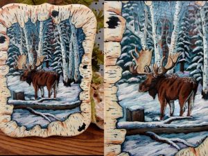 Hand Painted Pat King Moose Birch Winter Forest Picture Rectangular