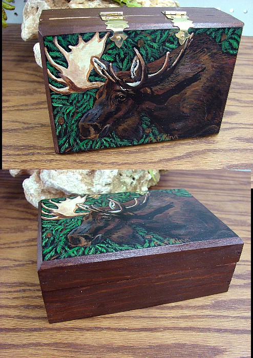 Bull Moose Hand Painted on Wooden Box Pat King, Moose-R-Us.Com Log Cabin Decor