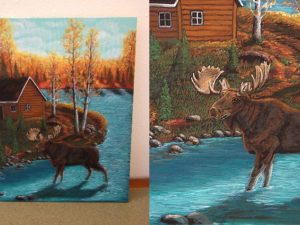 Original Hand Painted Moose Log Cabin Scene Pat King Canvas