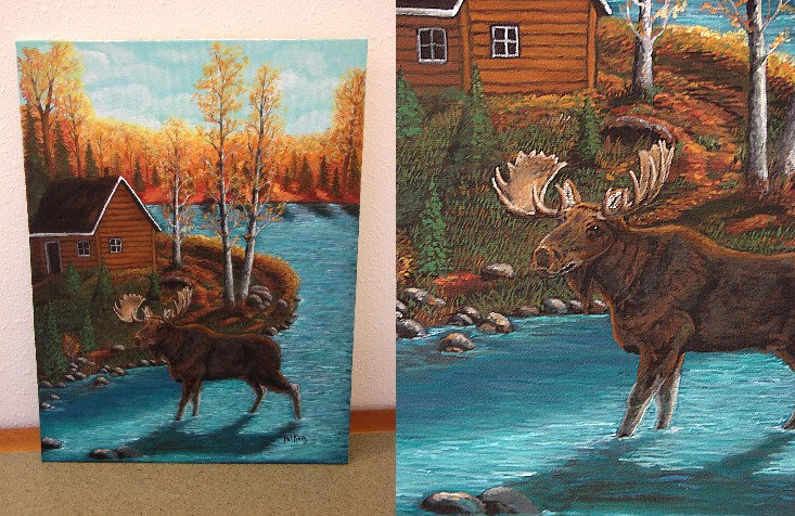 Original Hand Painted Moose Log Cabin Scene Pat King Canvas, Moose-R-Us.Com Log Cabin Decor
