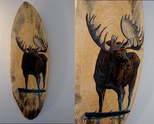 Bull Moose Painting on Wood Slab Original Pat King, Moose-R-Us.Com Log Cabin Decor