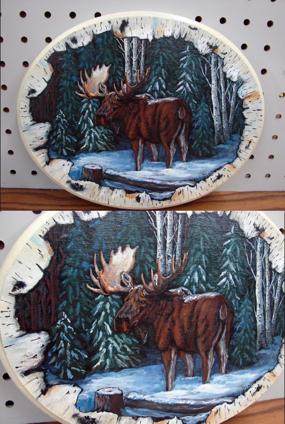 Hand Painted Pat King Moose Birch Winter Forest Picture Rectangular, Moose-R-Us.Com Log Cabin Decor