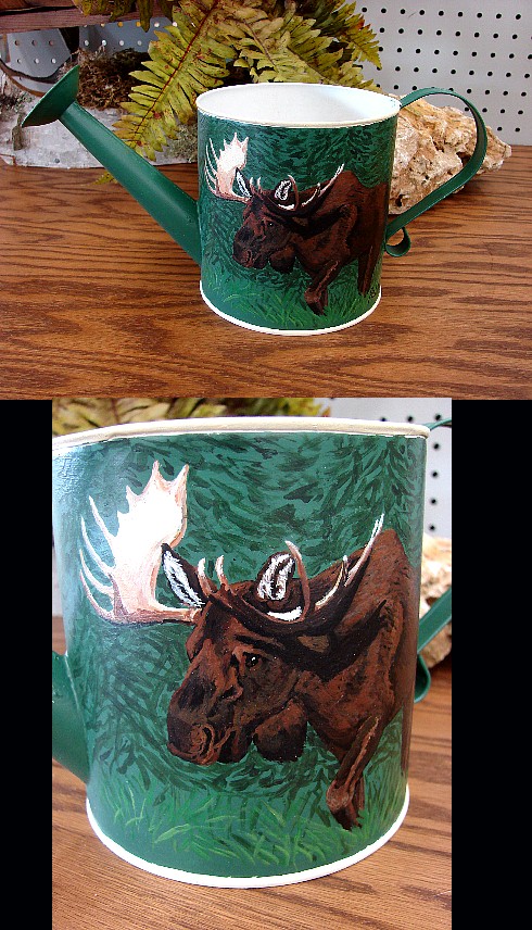 Hand Painted Tin Watering Can Pat King Moose, Moose-R-Us.Com Log Cabin Decor