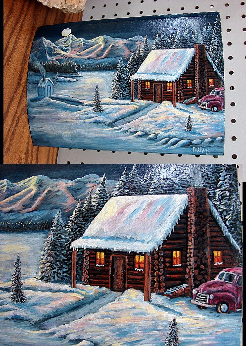 Log Cabin Snowy Antique Car Scene Hand Painted Pat King Log Siding, Moose-R-Us.Com Log Cabin Decor