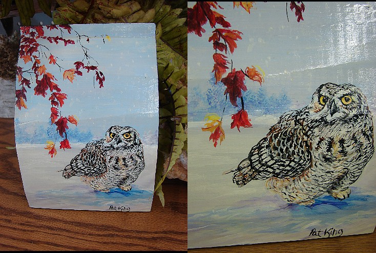 Hand Painted Snow Owl Pat King Log Siding, Moose-R-Us.Com Log Cabin Decor