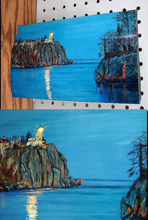Hand Painted Split Rock Lighthouse Log Siding Pat King, Moose-R-Us.Com Log Cabin Decor