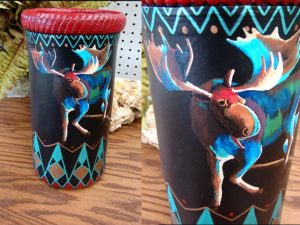 Red Stoneware Vase Stylized Moose Hand Painted by Pat King