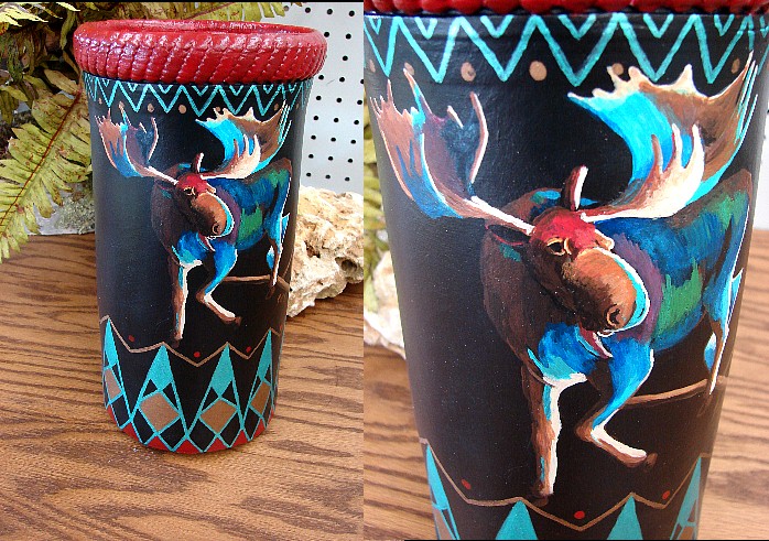 Red Stoneware Vase Stylized Moose Hand Painted by Pat King, Moose-R-Us.Com Log Cabin Decor