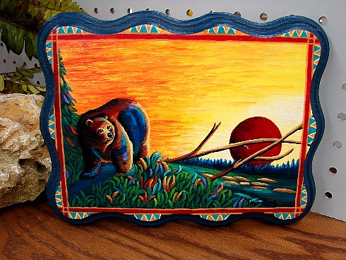 Stylized Bear Sunset Curved Wooden Picture Hand Painted Pat King, Moose-R-Us.Com Log Cabin Decor