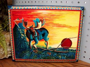 Stylized Moose Sunset Hand Painted Large Rectangular Picture Pat King Original