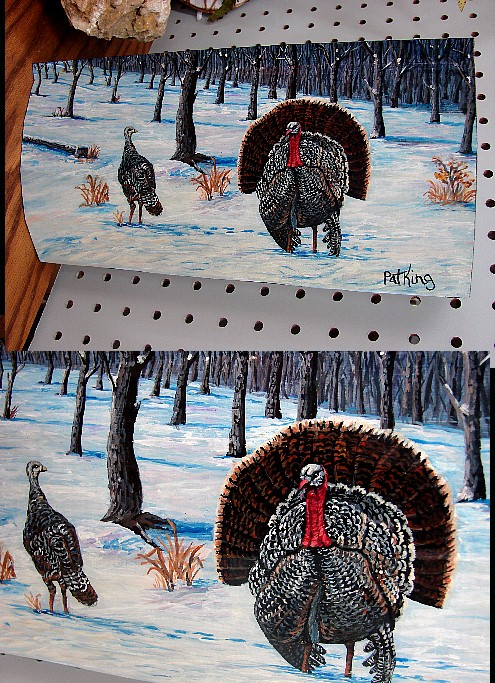 Hand Painted Wild Turkey Scene Log Siding Pat King, Moose-R-Us.Com Log Cabin Decor