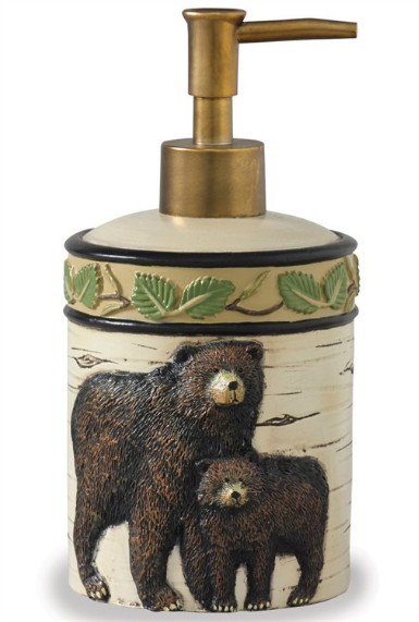 Resin Black Bear Birch Bark Bathroom Accessories Tumbler Pump Dispenser, Moose-R-Us.Com Log Cabin Decor