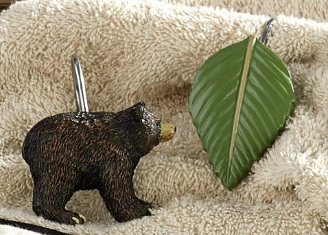 Detailed Oversized Black Bear Leaf Shower Curtain Hook Rings, Moose-R-Us.Com Log Cabin Decor