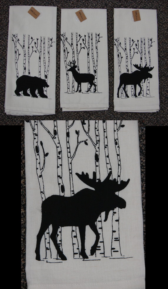 100% Cotton Bear Deer Moose Birch Tree Silhouette Dish Hand Towel, Moose-R-Us.Com Log Cabin Decor