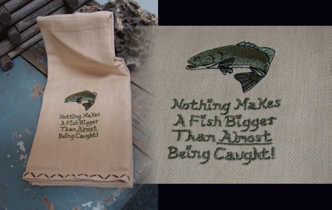 100% Cotton Fish Bigger Almost Caught Embroidered Dish Towel, Moose-R-Us.Com Log Cabin Decor