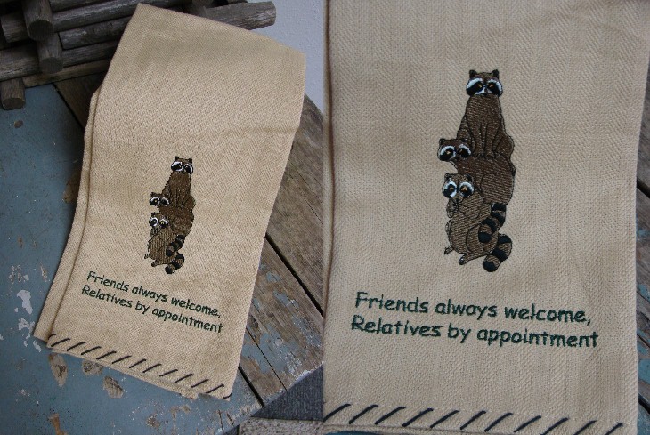 100% Cotton Raccoons Friends Always Welcome Embroidered Dish Hand Towel, Moose-R-Us.Com Log Cabin Decor