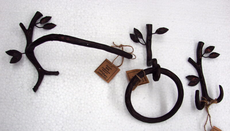 Handcrafted Iron Branch Twig Leaf Bathroom Hook, Toilet Tissue Towel Ring, Moose-R-Us.Com Log Cabin Decor