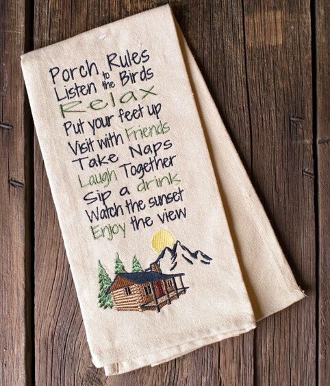 Cotton Embroidered Porch Rules Dish Hand Towel, Moose-R-Us.Com Log Cabin Decor