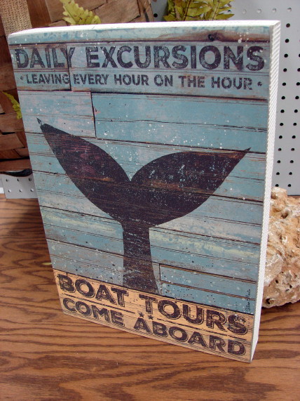 Primitive Wood Block Box Sign Boat Tours Whale Tail, Moose-R-Us.Com Log Cabin Decor