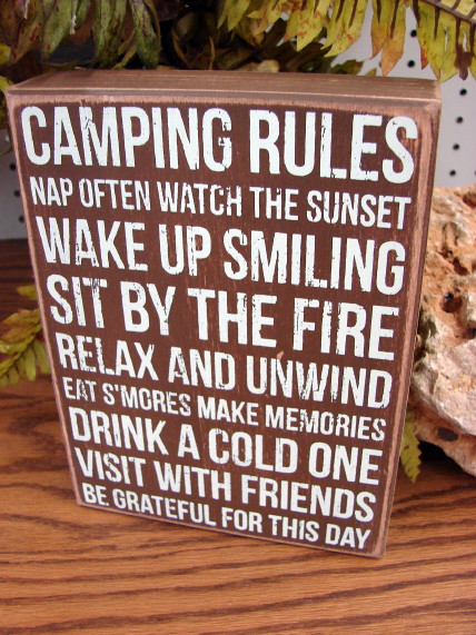 Primitive Wood Box Sign Camping Rules, Moose-R-Us.Com Log Cabin Decor