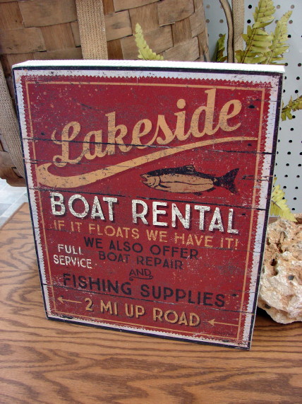 Primitive Wood Block Box Sign Lakeside Boat Rental, Moose-R-Us.Com Log Cabin Decor