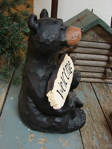 Wood Carved Look Black Bear Welcome Go Away Sign Lodge Porch Tabletop Sitter, Moose-R-Us.Com Log Cabin Decor