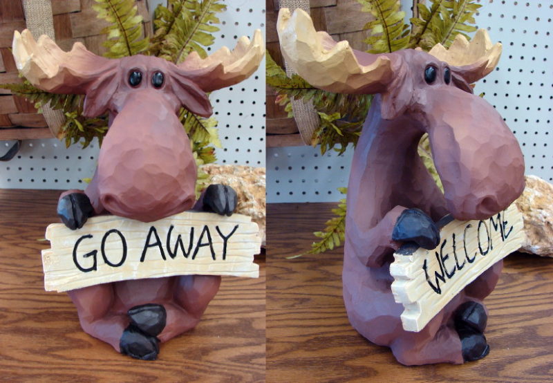 Wood Carved Look Moose Welcome Go Away Sign Lodge Porch Sitter, Moose-R-Us.Com Log Cabin Decor