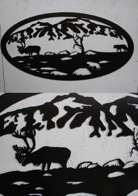 Detailed Laser Cut Huge Iron Oval Gate Sign Elk Wolves Silhouette, Moose-R-Us.Com Log Cabin Decor