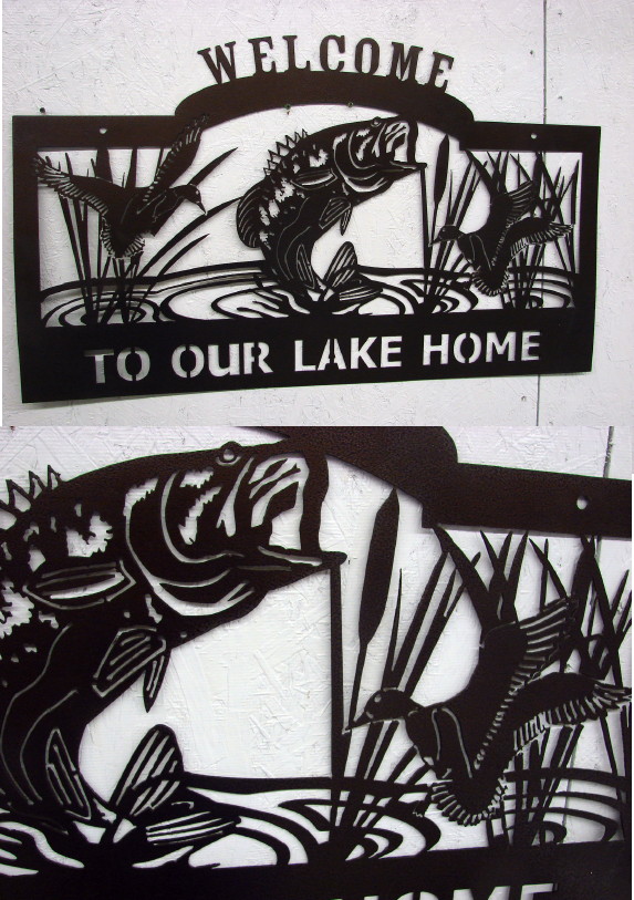 Huge Detailed Laser Cut Metal Welcome to our Lake Home Bass Duck Sign, Moose-R-Us.Com Log Cabin Decor