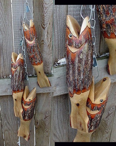 Fish Stringer of 3 Large Wood Carved Natural Real Bark Bass, Moose-R-Us.Com Log Cabin Decor