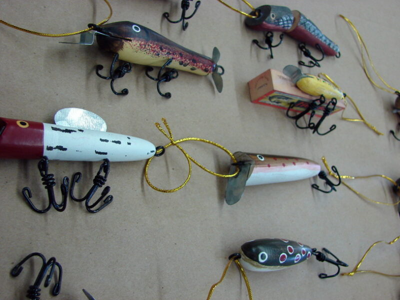 Set of 12 Antiqued Wood Old Fashion Fish Lure Ornaments Fishing Theme Tree, Moose-R-Us.Com Log Cabin Decor