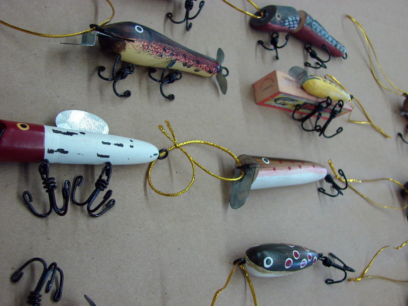 Set of 12 Antiqued Wood Lures Old Fashion Fish Lure Ornaments Fishing Theme  Tree